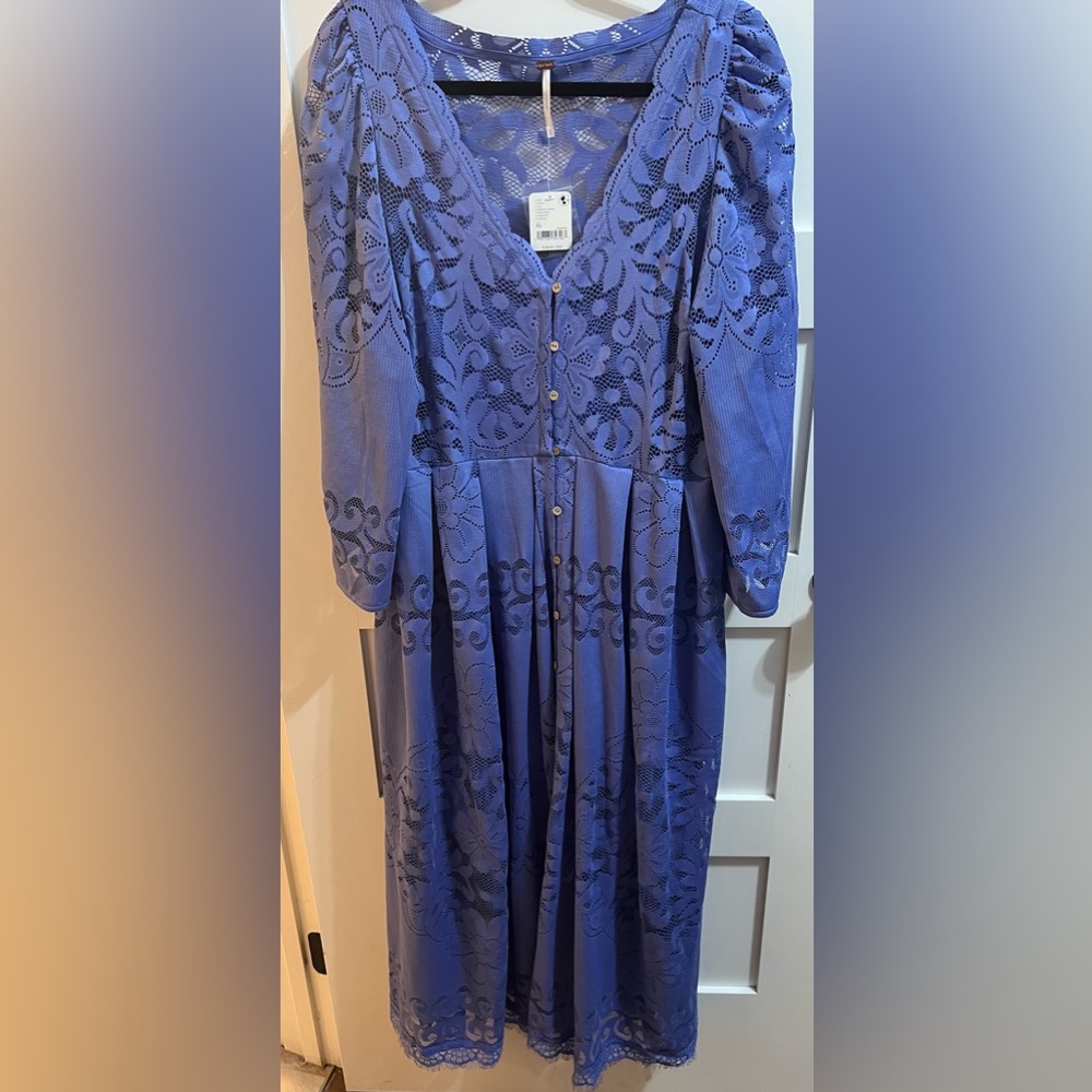Free People Shadow Dance Lace Long-Sleeve Midi-Dress in Parisian jewel NWT